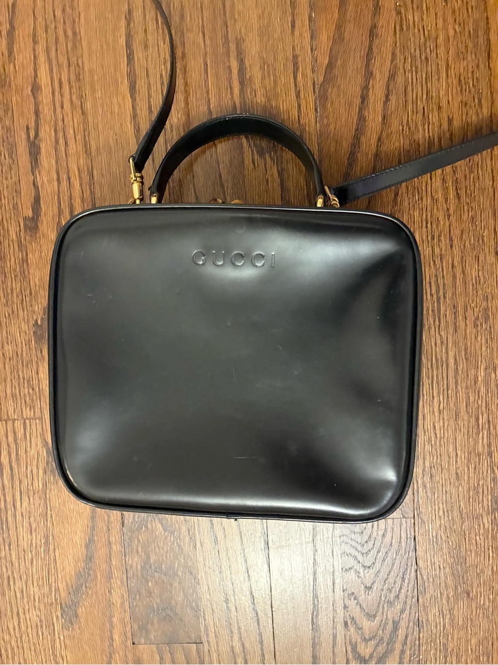 Gucci Vintage Black Leather Bamboo Top-Handle Vanity Bag